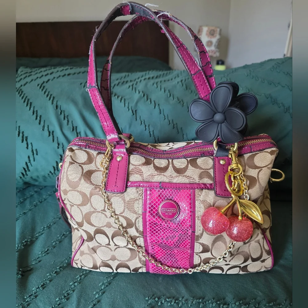 Coach Signature Python Stripe Satchel Raspberry Pink - Picture 2 of 12